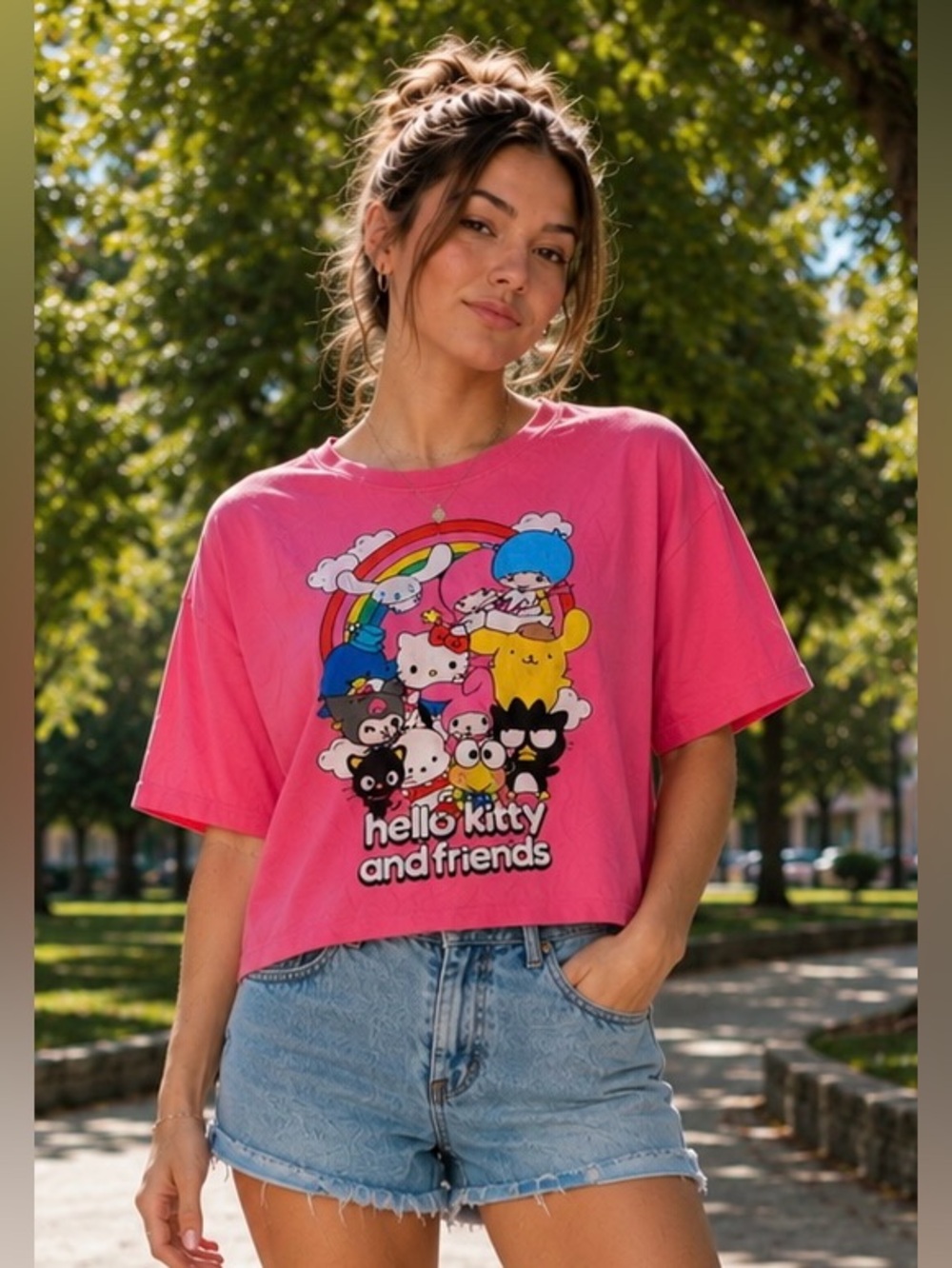 STREETWEAR SOCIETY Hello KittySanrio Graphic Tee Pink Kawaii Y2K Boxy Crop Sz S